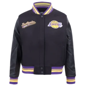 Los angeles lakers script tail womens wool leather varsity jacket black 6