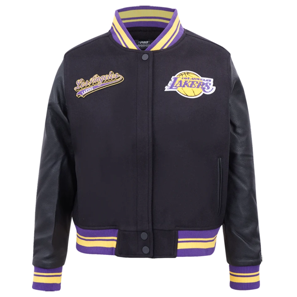 Los angeles lakers script tail womens wool leather varsity jacket black 6