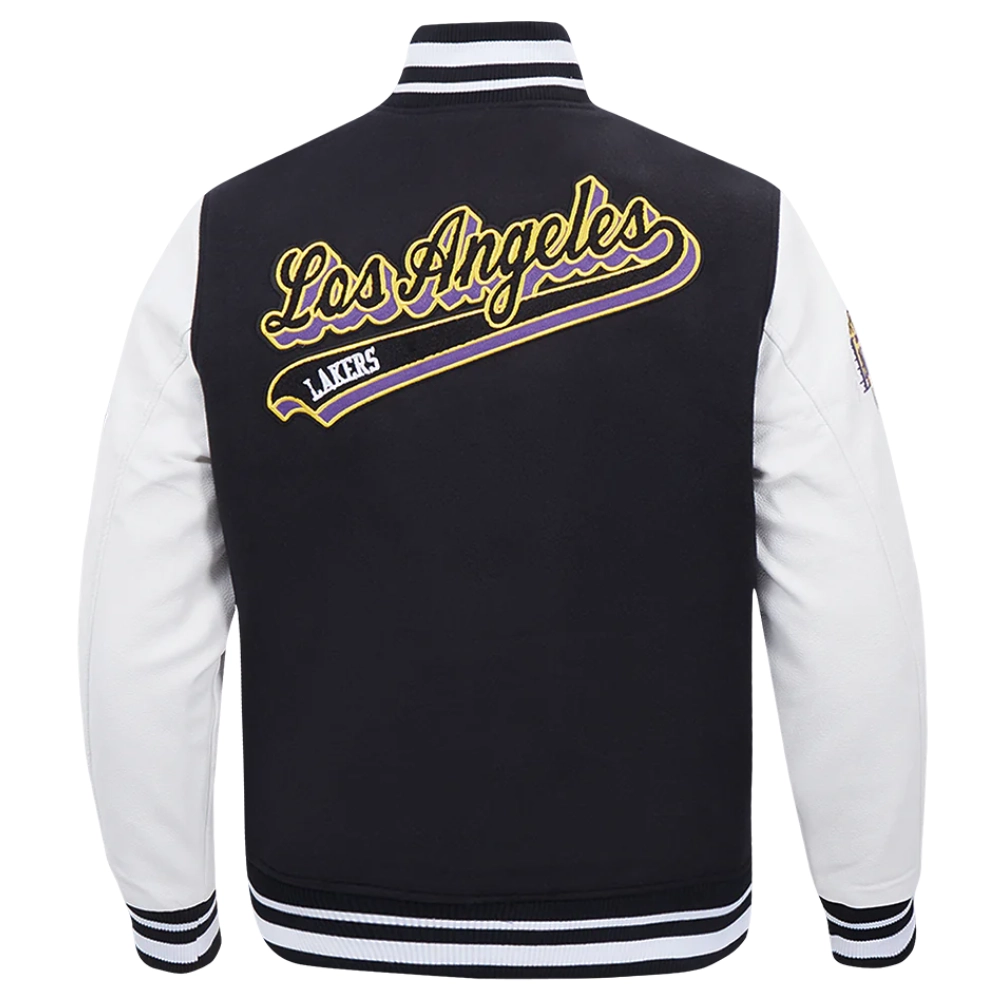 Los angeles lakers script tail wool leather varsity jacket black white 4