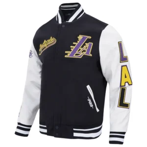 Los angeles lakers script tail wool leather varsity jacket black white 5