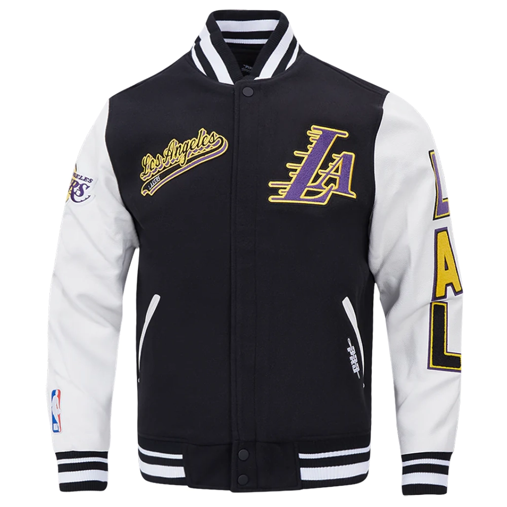 Los angeles lakers script tail wool leather varsity jacket black white 6