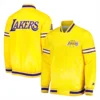 Los angeles lakers slider full snap satin varsity jacket yellow 1