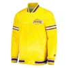 Los angeles lakers slider full snap satin varsity jacket yellow 2