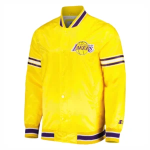 Los angeles lakers slider full snap satin varsity jacket yellow 2