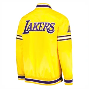 Los angeles lakers slider full snap satin varsity jacket yellow 3