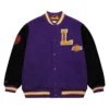 Los angeles lakers team legacy full snap satin varsity jacket purple black 1