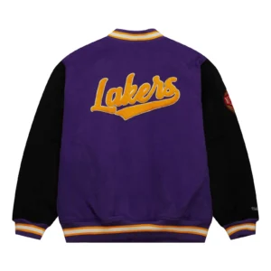 Los angeles lakers team legacy full snap satin varsity jacket purple black 2