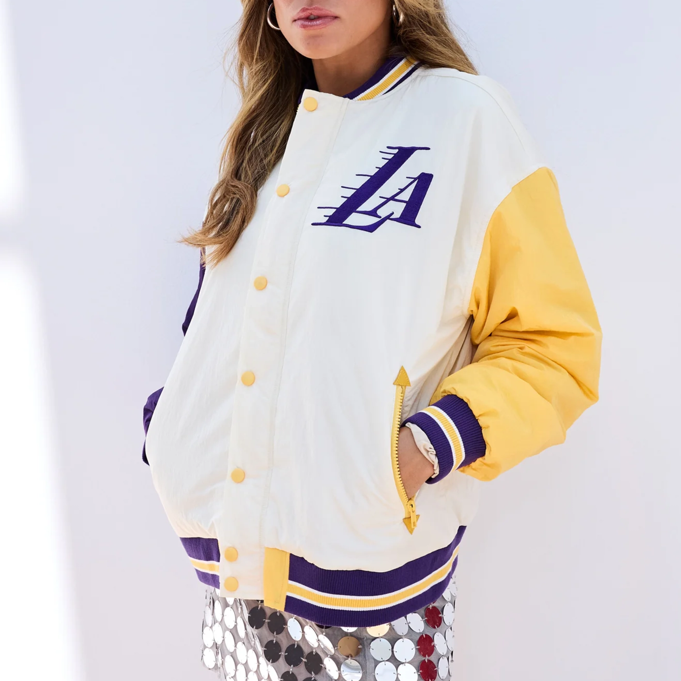 Los angeles lakers terez full snap bomber jacket white 1