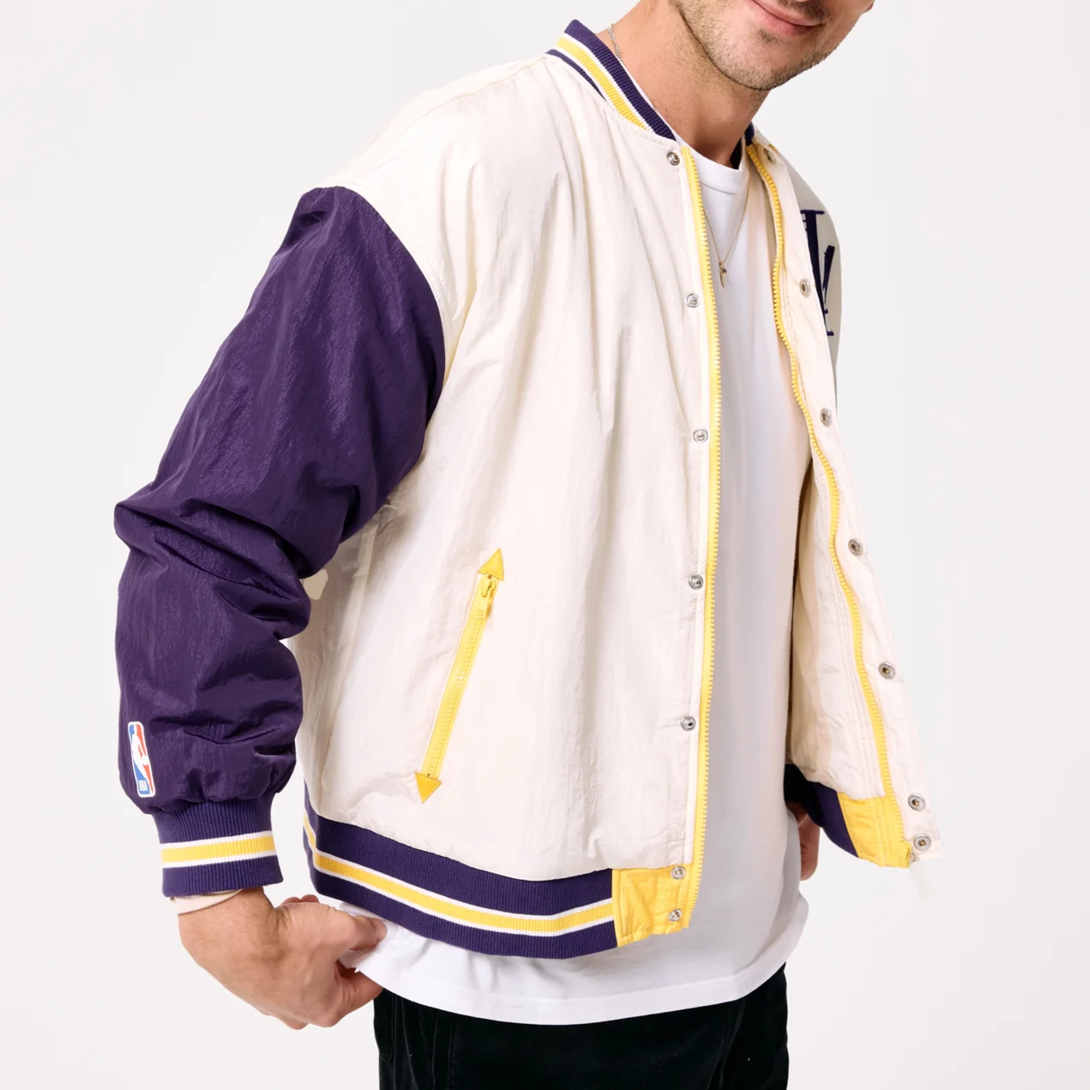 Los angeles lakers terez women bomber jacket white