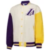 Los angeles lakers terez womens full snap bomber jacket white