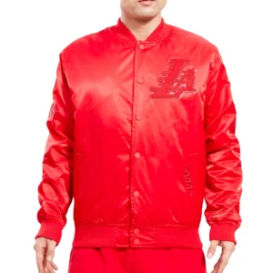 Los angeles lakers triple red full snap satin varsity jacket 1