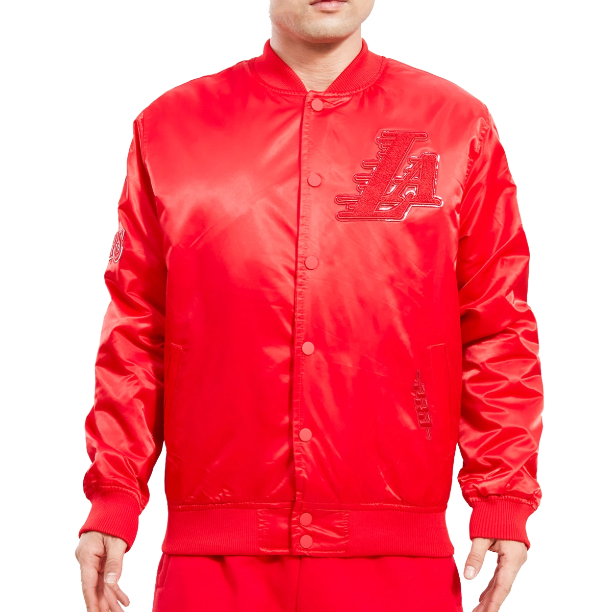 Los angeles lakers triple red full snap satin varsity jacket 1