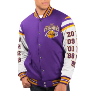 Los angeles lakers world series champions full snap varsity jacket purple white 1
