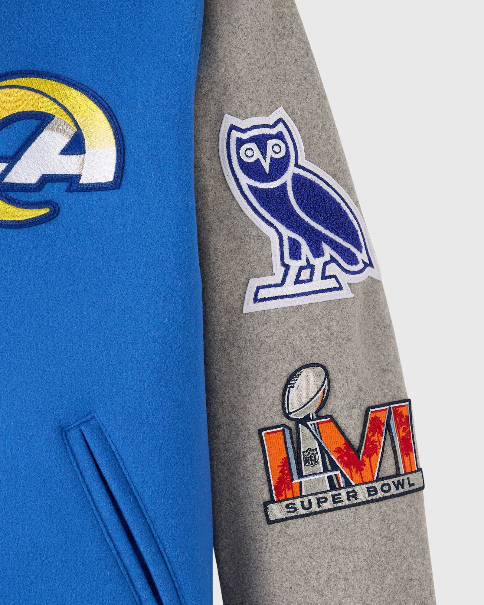 Los angeles rams blue grey full snap wool varsity sleeve patch logo