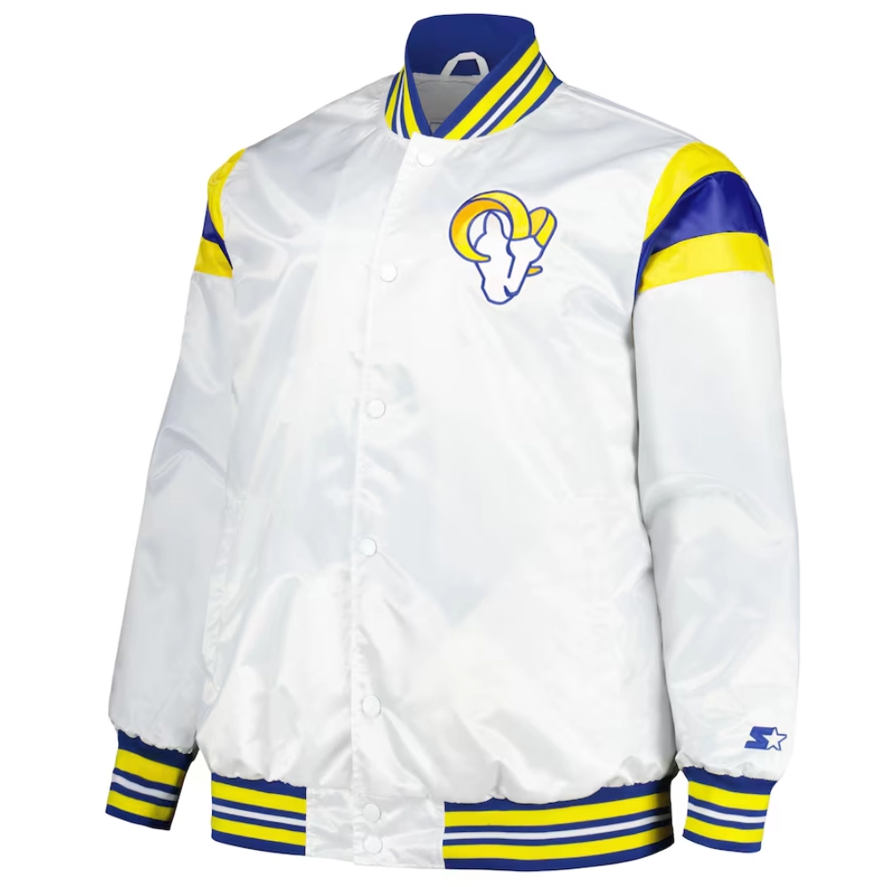 Los angeles rams full snap satin varsity jacket white 1
