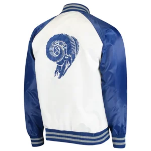 Los angeles rams lead off full snap satin varsity jacket white blue 1