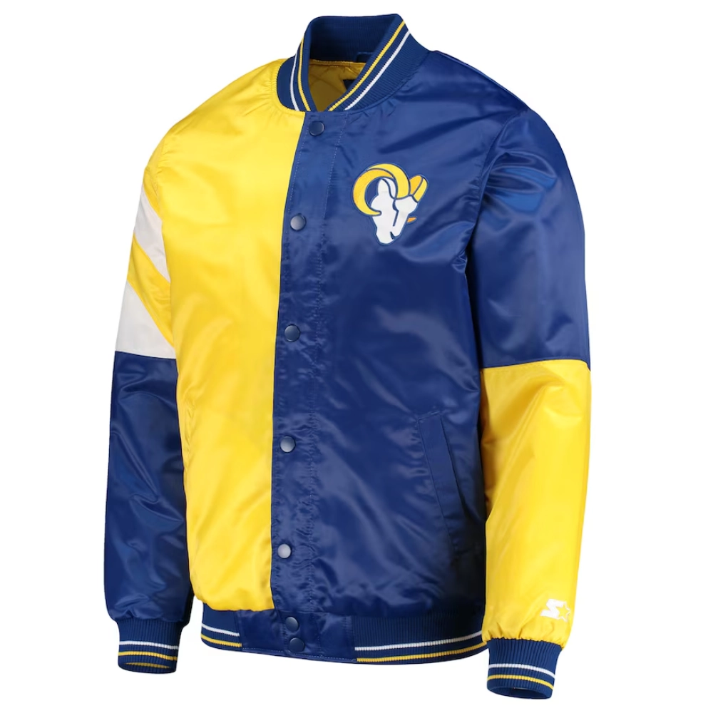 Los angeles rams leader satin varsity jacket yellow blue 1