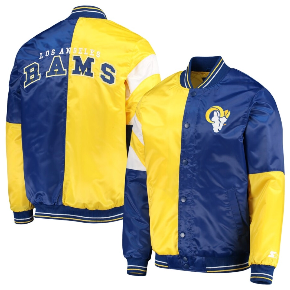 Los angeles rams leader satin varsity jacket yellow blue 2