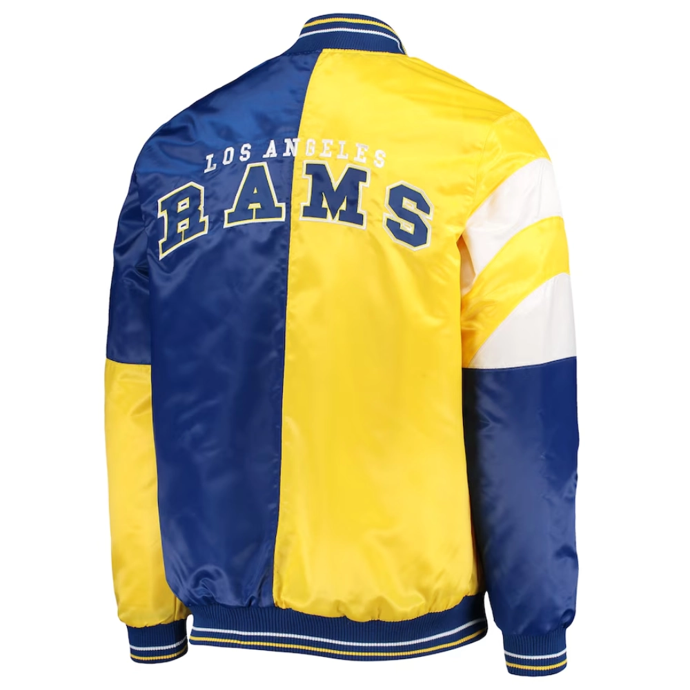 Los angeles rams leader satin varsity jacket yellow blue 3