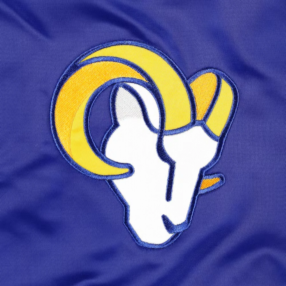 Los angeles rams starter pick and roll full snap satin varsity jacket blue 1
