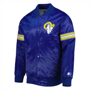 Los angeles rams starter pick and roll full snap satin varsity jacket blue