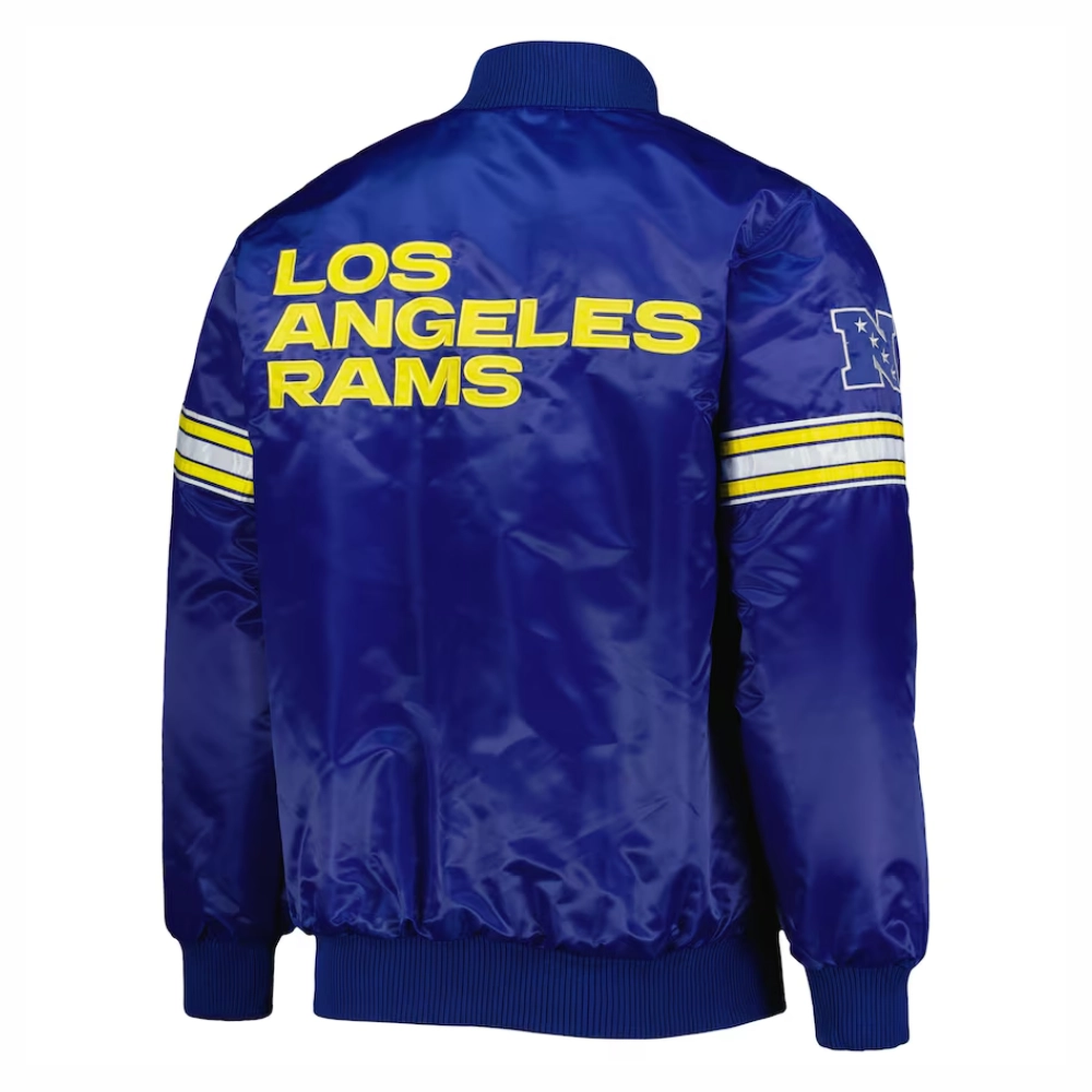 Los angeles rams starter pick and roll full snap satin varsity jacket blue 4