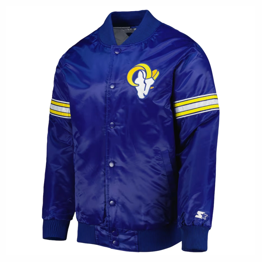 Los angeles rams starter pick and roll full snap satin varsity jacket blue