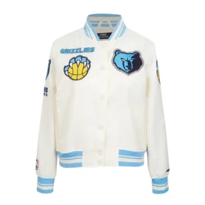 Memphis grizzlies retro classic womens full snap satin varsity jacket cream 1