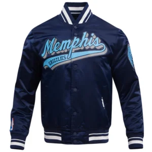 Memphis grizzlies script tail full snap satin varsity jacket navy 6
