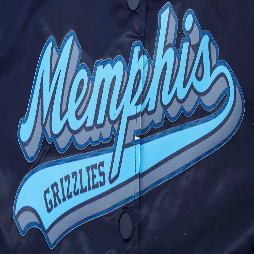 Memphis grizzlies script tail womens full snap satin varsity jacket navy 1