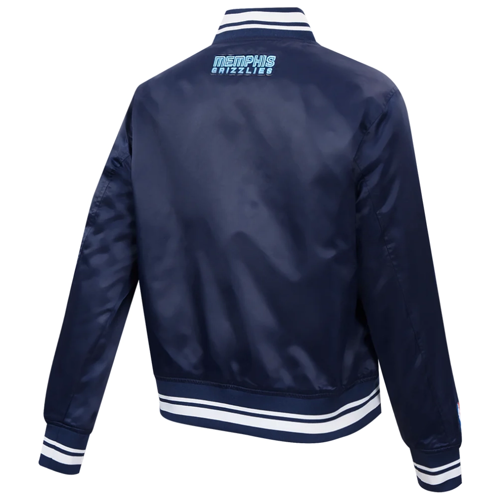 Memphis grizzlies script tail womens full snap satin varsity jacket navy 2