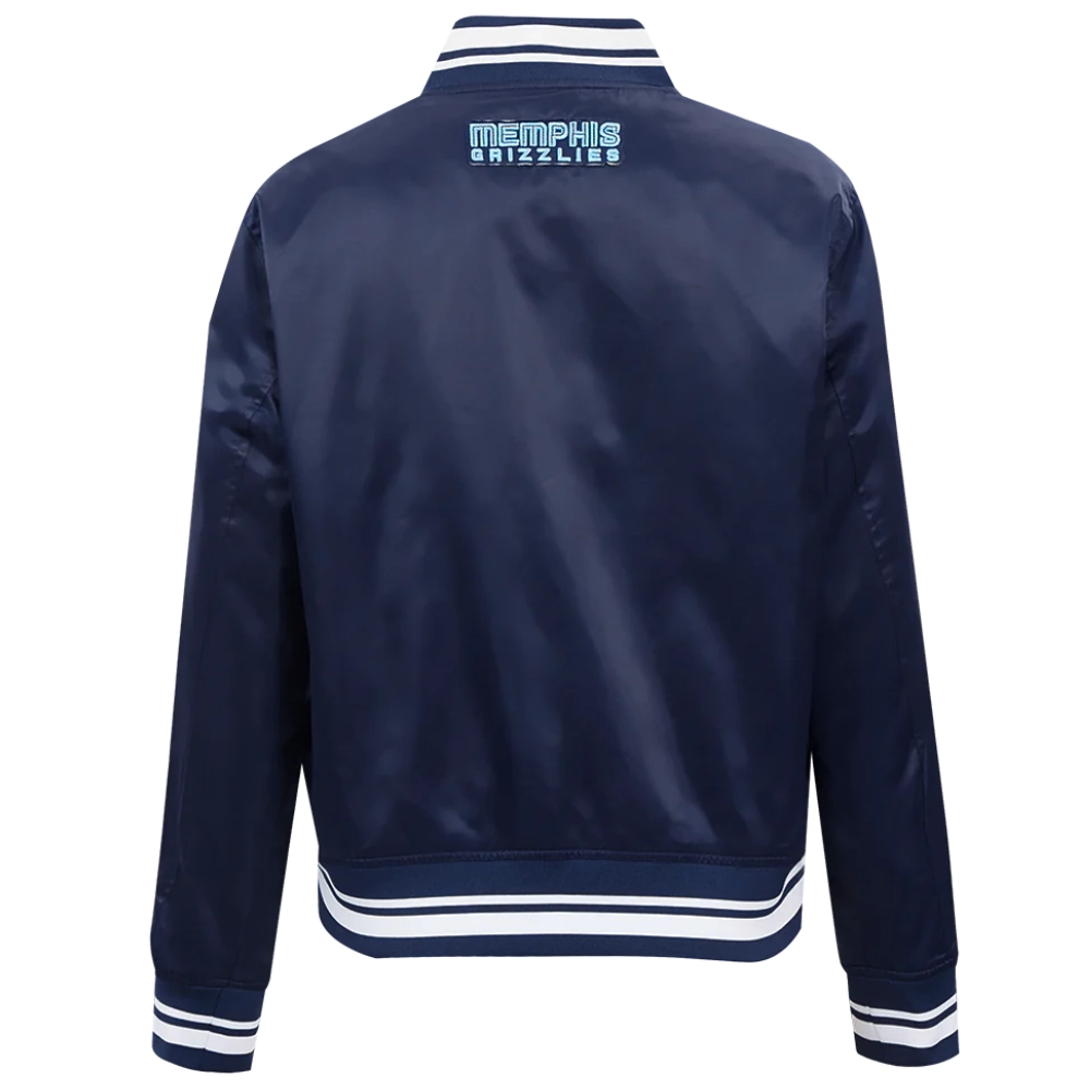 Memphis grizzlies script tail womens full snap satin varsity jacket navy 3