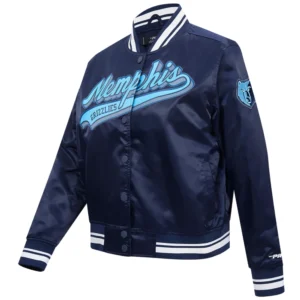 Memphis grizzlies script tail womens full snap satin varsity jacket navy 4