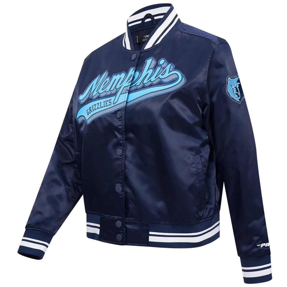 Memphis grizzlies script tail womens full snap satin varsity jacket navy 4