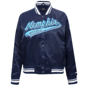 Memphis grizzlies script tail womens full snap satin varsity jacket navy 5