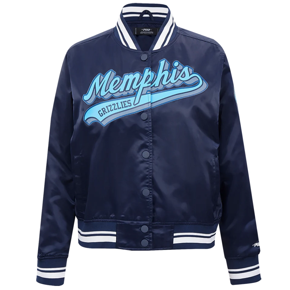 Memphis grizzlies script tail womens full snap satin varsity jacket navy 5