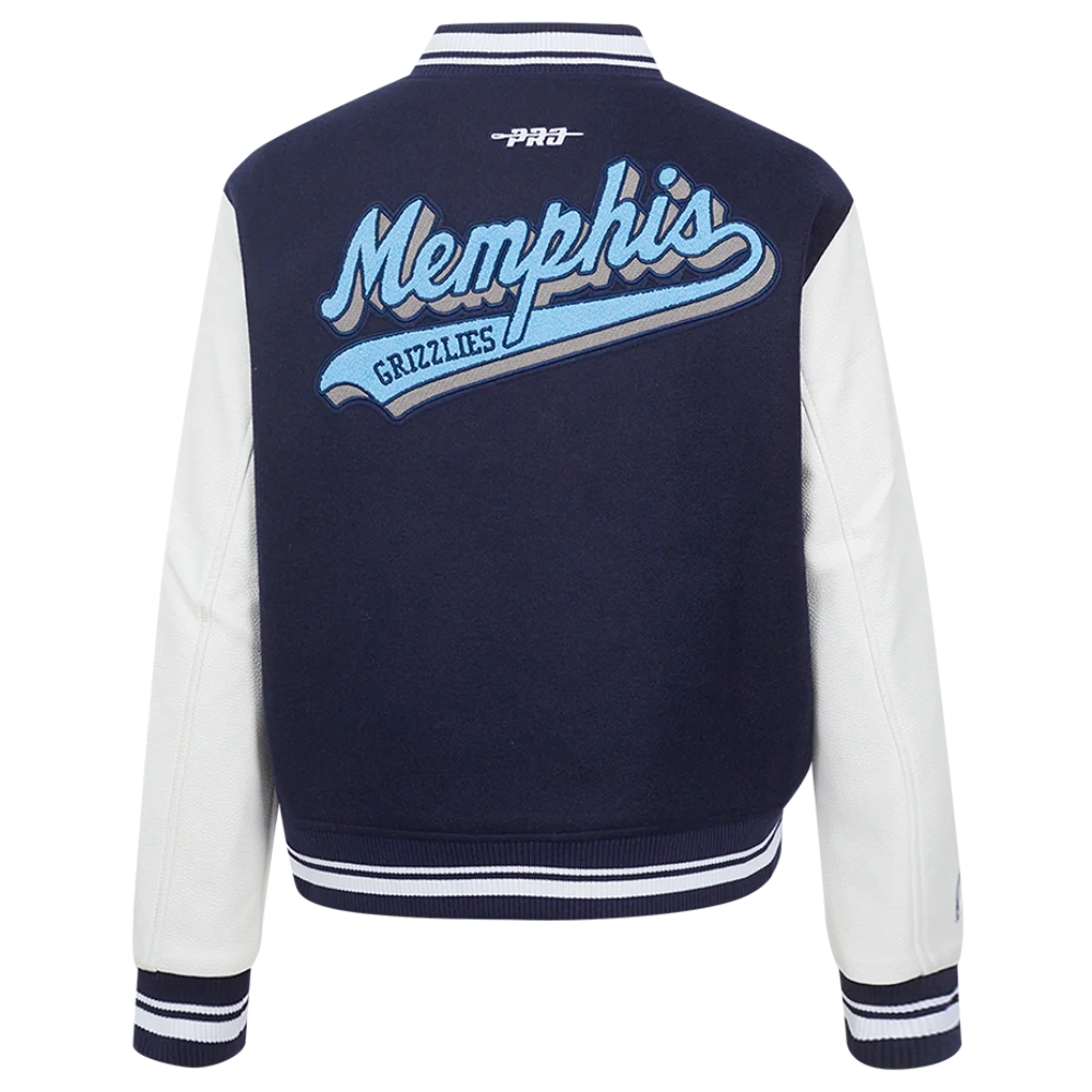 Memphis grizzlies script tail womens wool leather varsity jacket navy white 4