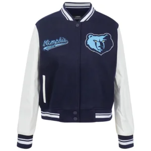 Memphis grizzlies script tail womens wool leather varsity jacket navy white 6
