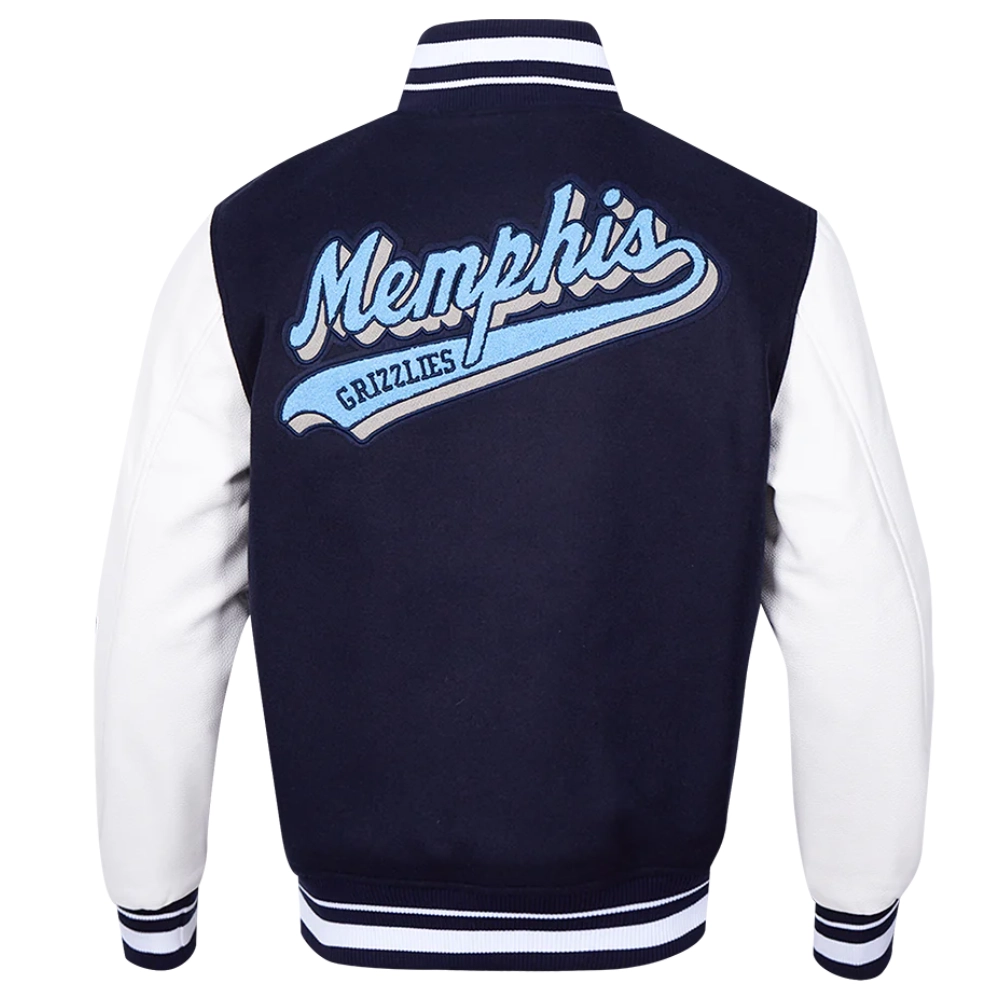 Memphis grizzlies script tail wool leather varsity jacket navy white 2