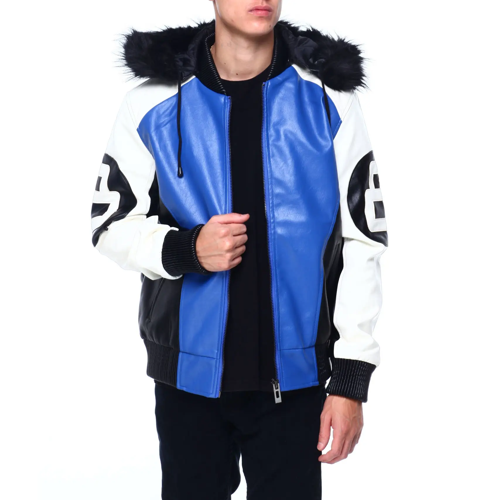 Mens 8 ball blue hooded leather bomber jacket 001