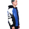 Mens 8 ball blue hooded leather bomber jacket 002