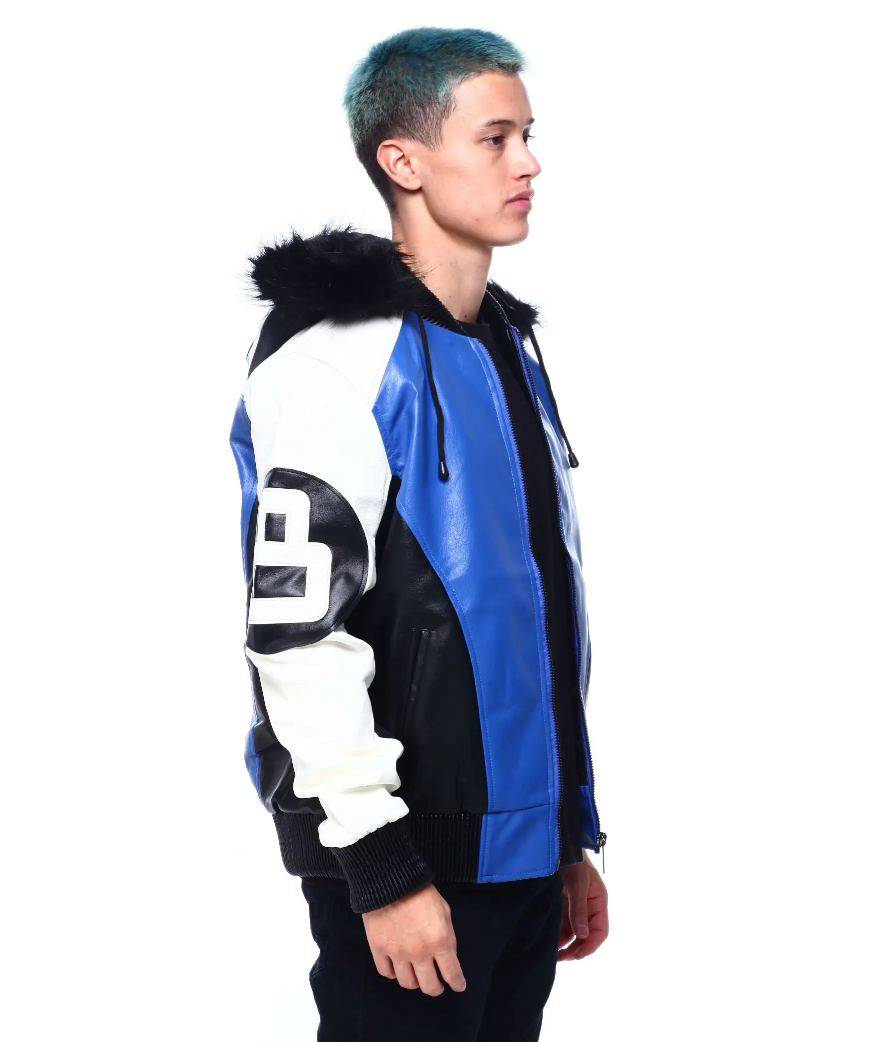Mens 8 ball blue hooded leather bomber jacket 002