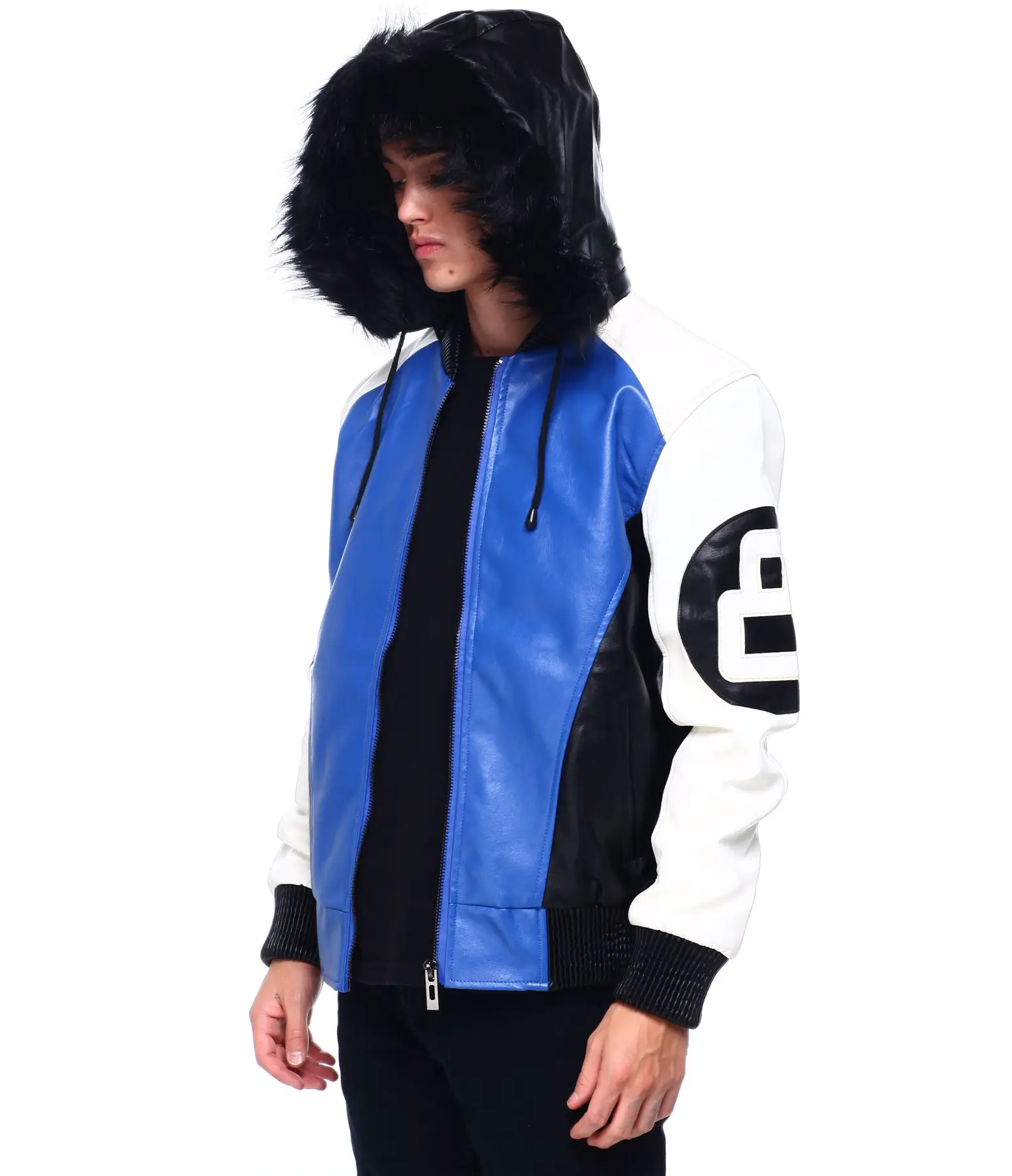 Mens 8 ball blue hooded leather bomber jacket 003