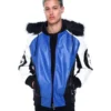 Mens 8 ball blue hooded leather bomber jacket 004