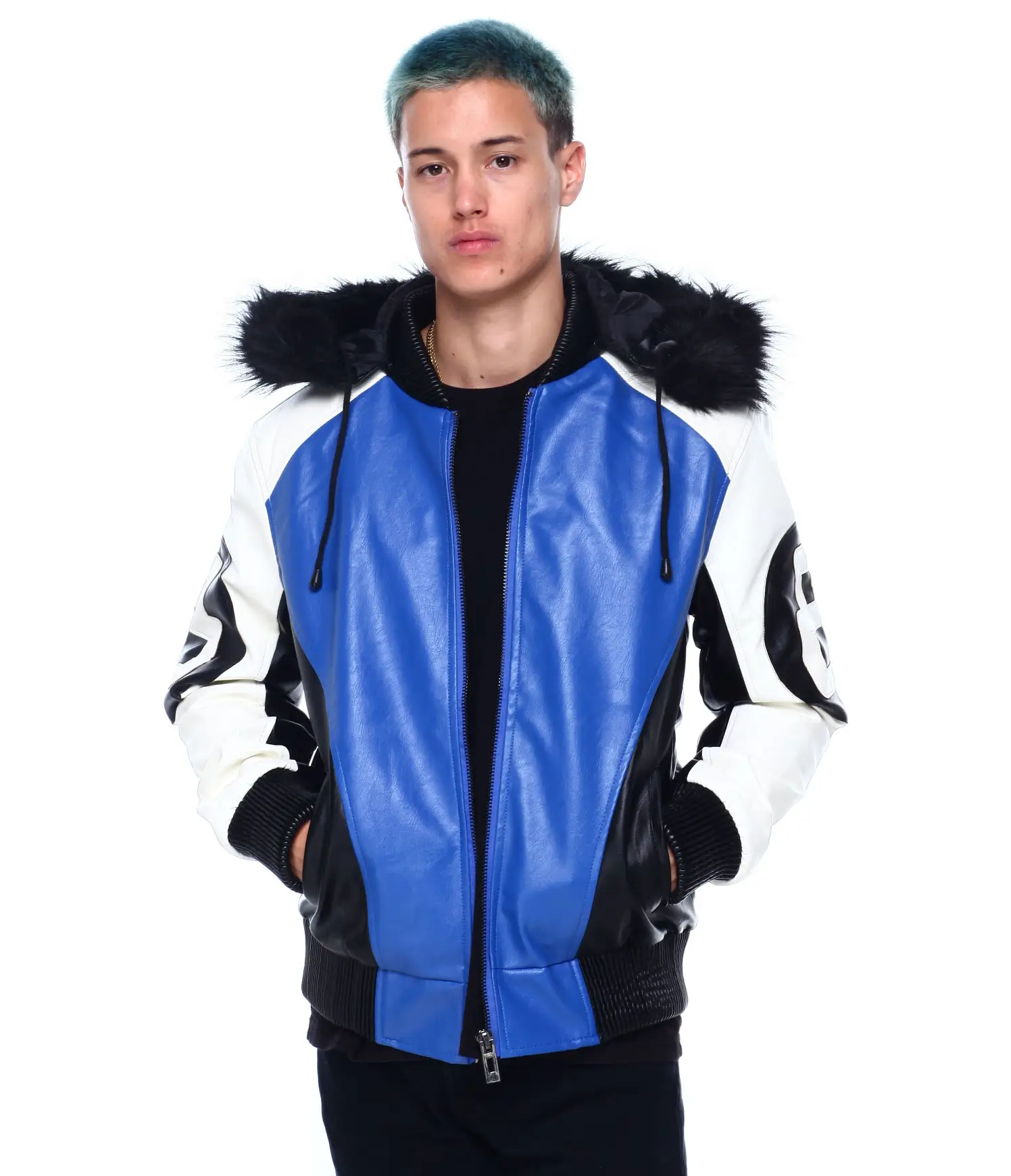 Mens 8 ball blue hooded leather bomber jacket 004