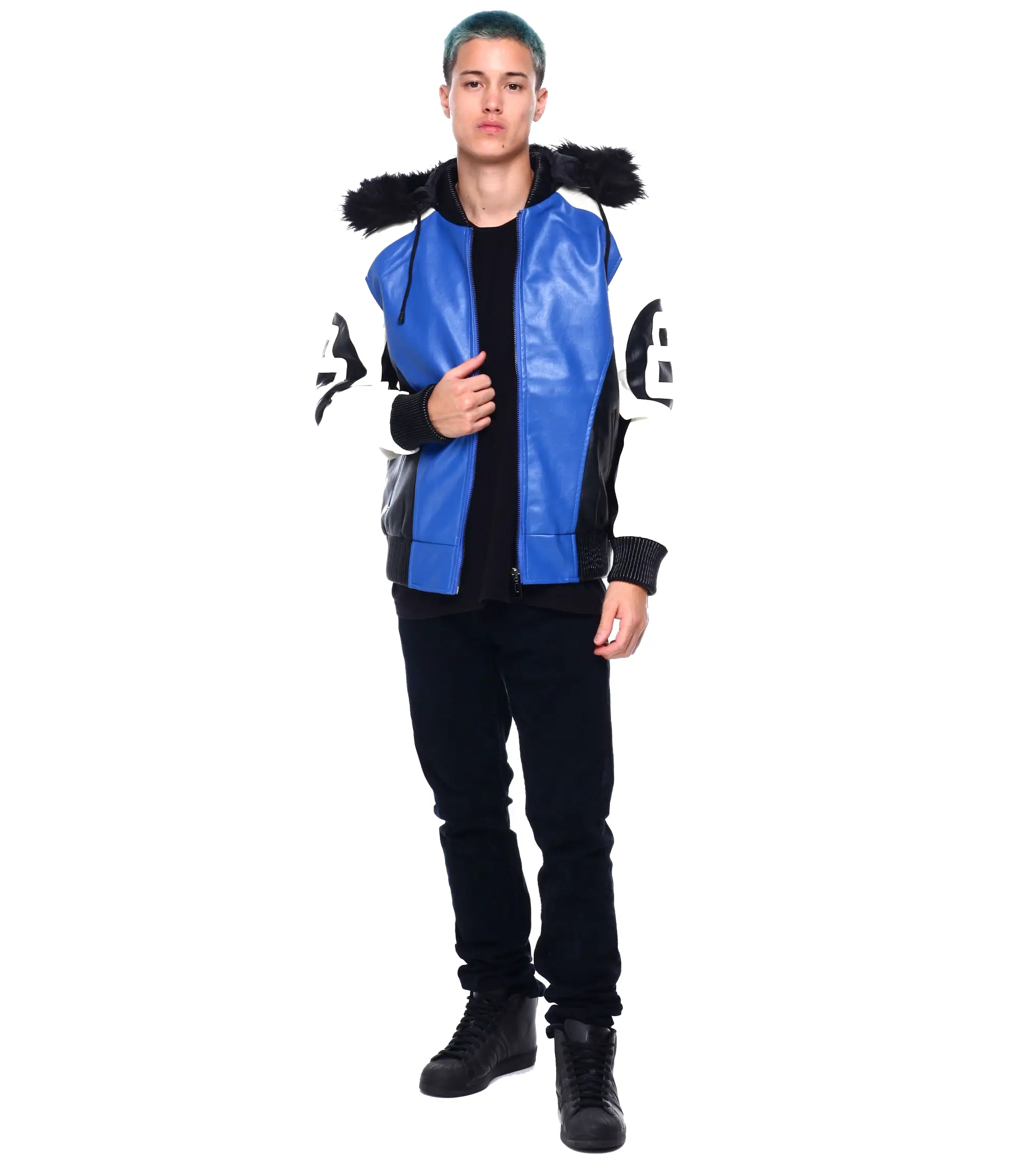 Mens 8 ball blue hooded leather bomber jacket 005