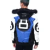 Mens 8 ball blue hooded leather bomber jacket 006