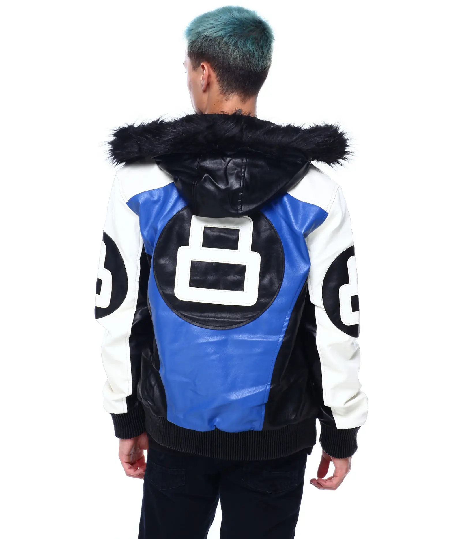Mens 8 ball blue hooded leather bomber jacket 006
