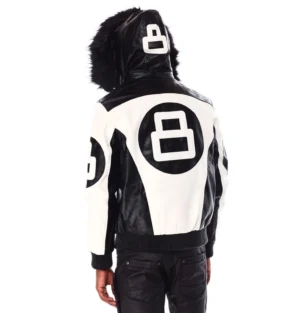 Mens 8 ball leather hooded bomber jacket white black 002