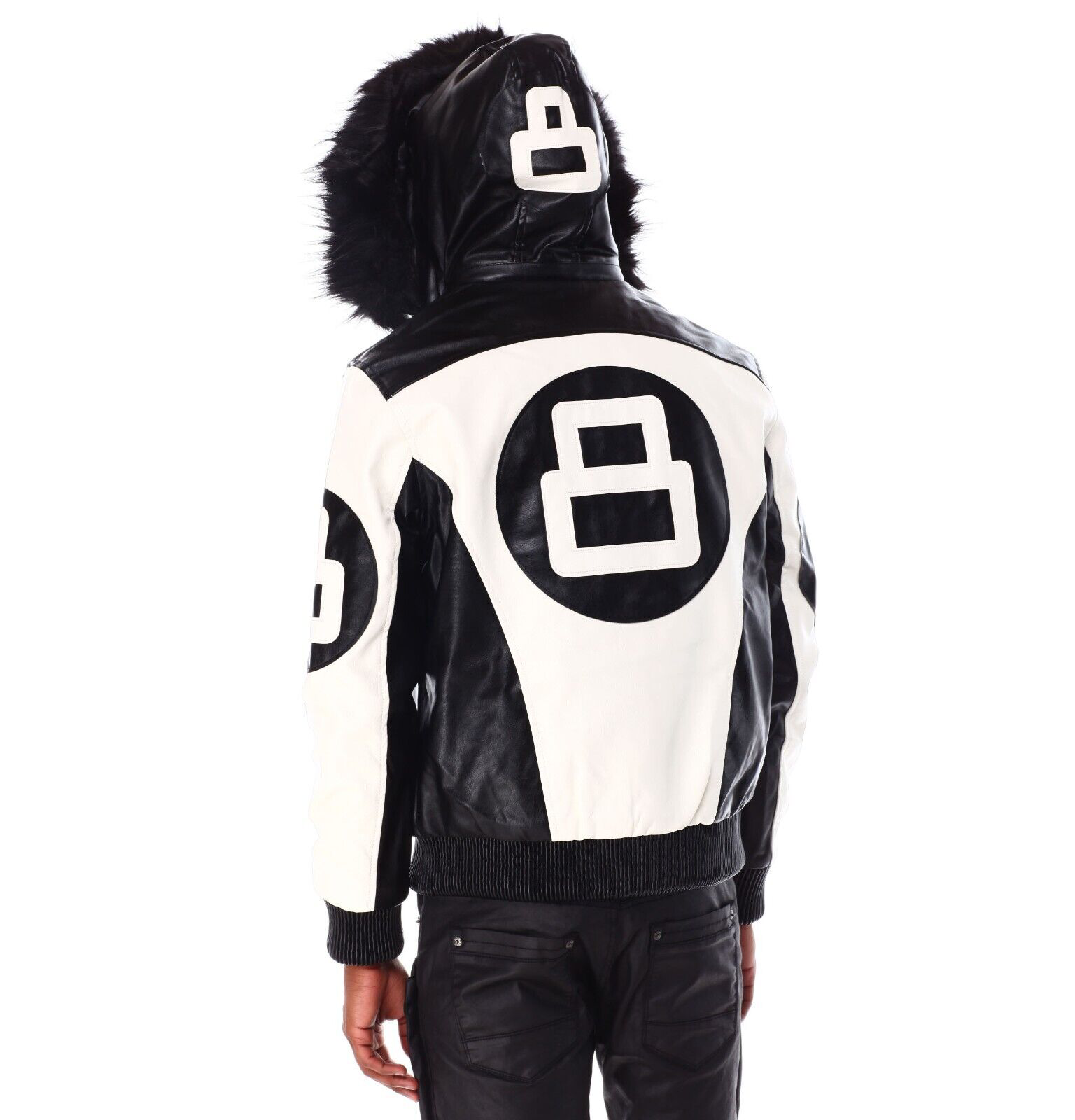 Mens 8 ball leather hooded bomber jacket white black 002